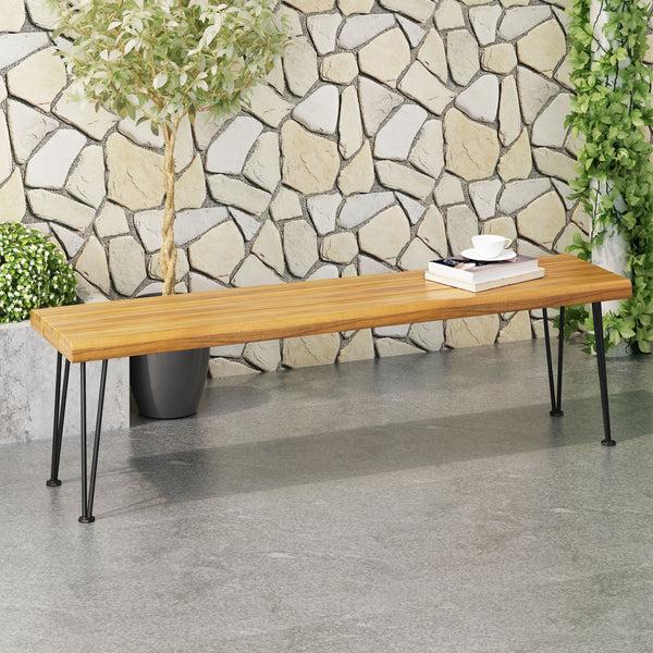 Gdf Studio Zephyra Outdoor Modern Industrial Acacia Wood Bench With Metal Hairpin Legs