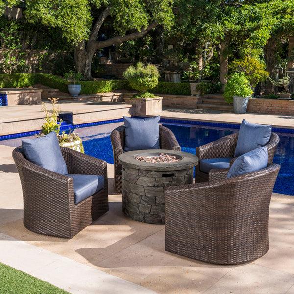 Gdf Studio Zippa Outdoor 5 Piece Wicker Swivel Club Chair Fire Pit Chat Set