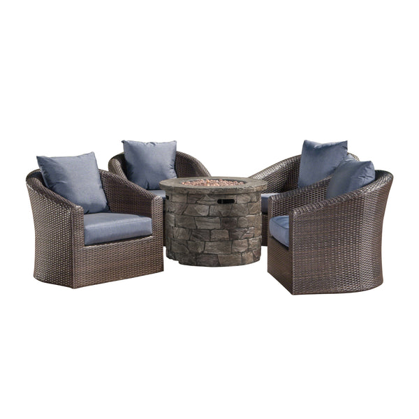 gdf studio Zippa Outdoor 5 Piece Wicker Swivel Club Chair Fire Pit Chat Set