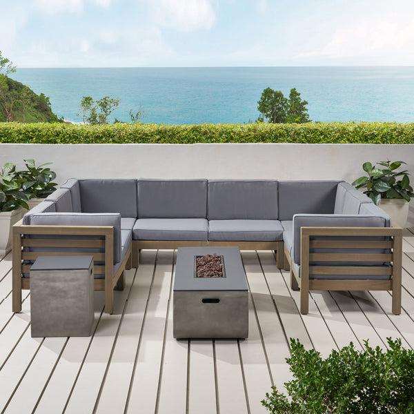 Gdf Studio Ziyad Outdoor 8 Seater Acacia Wood Sectional Sofa Set With Fire Pit And Tank Holder