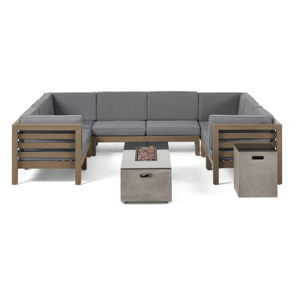 gdf studio Ziyad Outdoor 8 Seater Acacia Wood Sectional Sofa Set with Fire Pit and Tank Holder