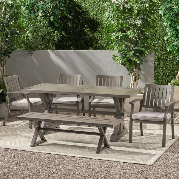 Gdf Studio Zoey Outdoor Modern 6 Seater Aluminum Dining Set With Dining Bench