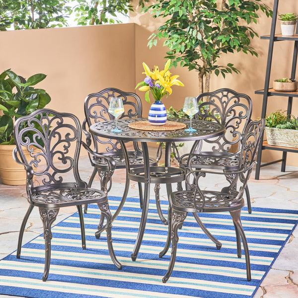 Gdf Studio Zona Outdoor 5 Piece Cast Aluminum Dining Set Shiny Copper
