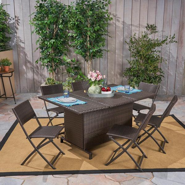 Gdf Studio Zora Outdoor 7 Piece Foldable Wicker Dining Set Multi Brown