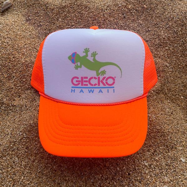 gecko hawaii 1980's Neon Orange Trucker Hat