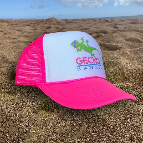 gecko hawaii 1980's Neon Pink Trucker Hat