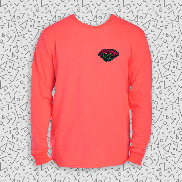Gecko Hawaii Gecko Tiki Time - 1980s Neon Coral Long Sleeve Tee
