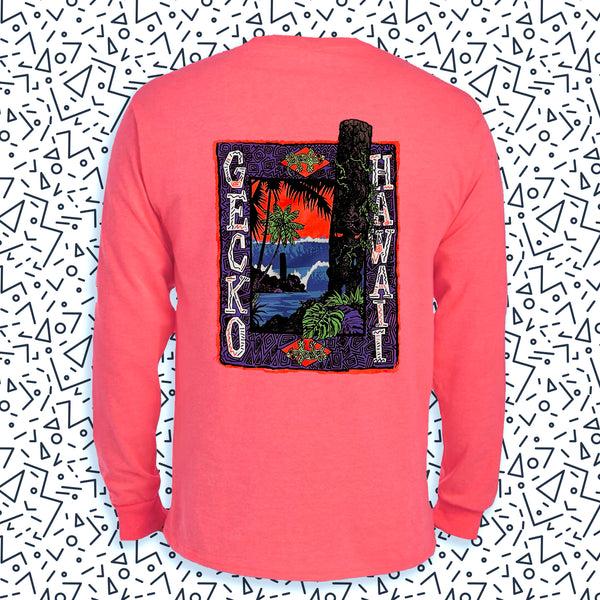 gecko hawaii Gecko Tiki Time - 1980s Neon Coral Long Sleeve Tee