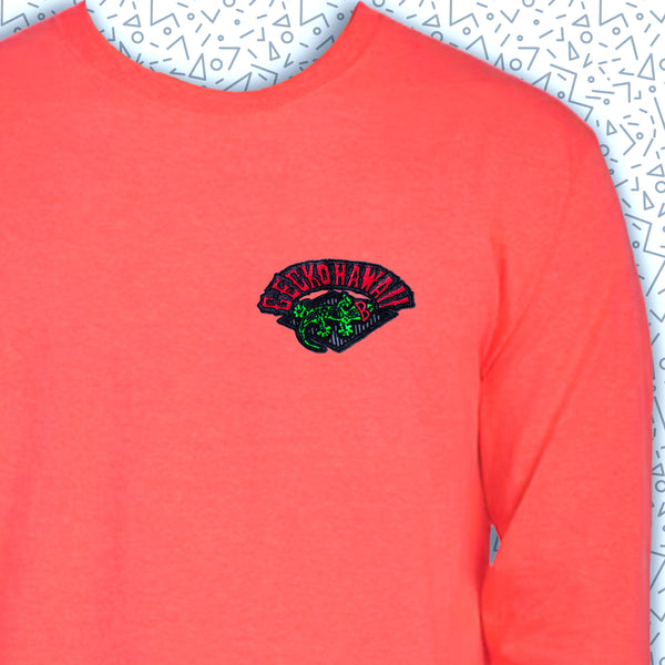 Gecko Hawaii Gecko Tiki Time - 1980s Neon Coral Long Sleeve Tee