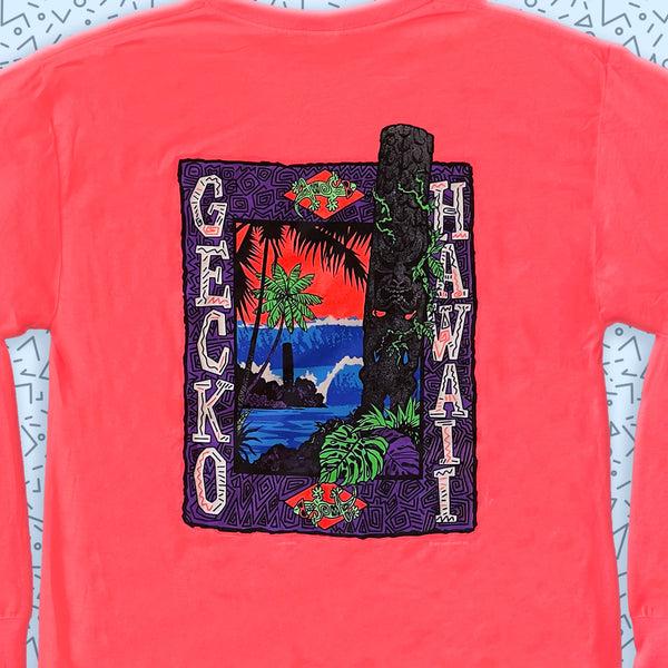 Gecko Hawaii Gecko Tiki Time - 1980s Neon Coral Long Sleeve Tee
