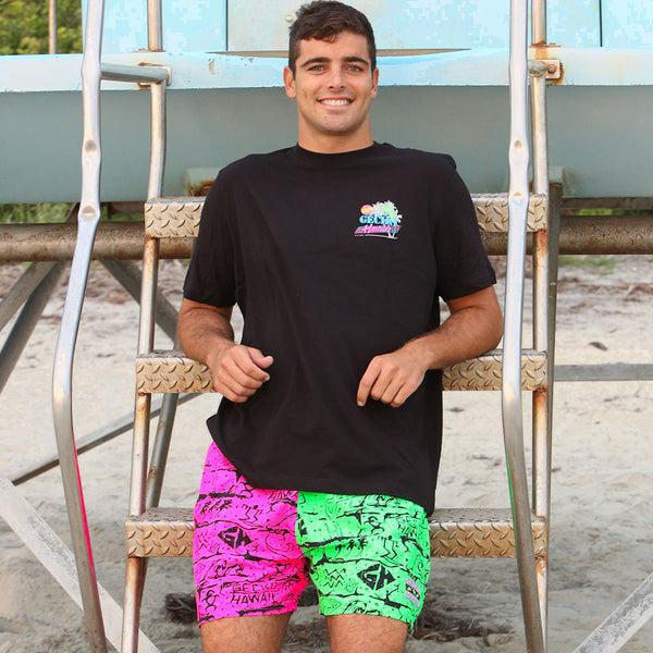 Gecko Hawaii Gecko Wall - Neon Pink/Green Split Volley Shorts