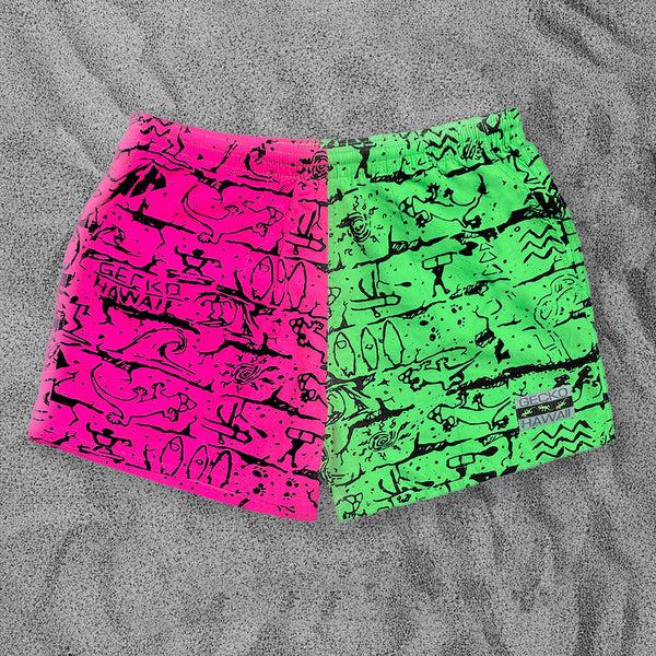 gecko hawaii Gecko Wall - Neon Pink/Green Split Volley Shorts