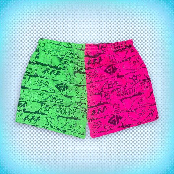 Gecko Hawaii Gecko Wall - Neon Pink/Green Split Volley Shorts