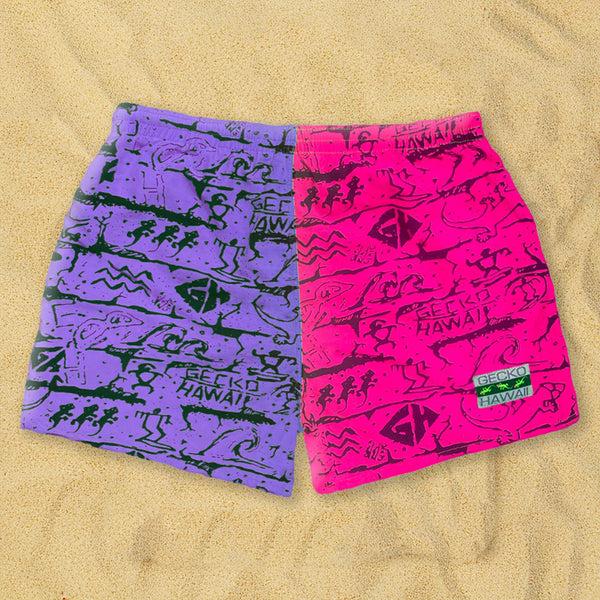 gecko hawaii Gecko Wall - Neon Pink/Purple Split Volley Shorts