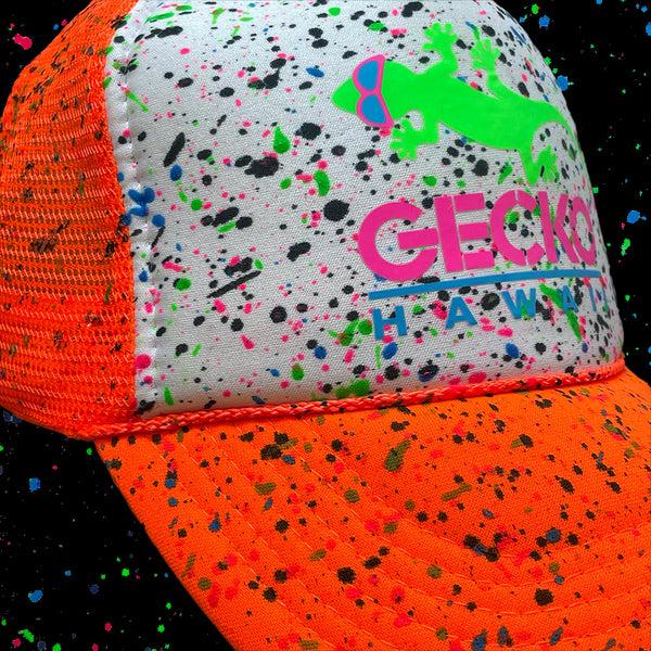 Gecko Hawaii Glow-In-The-Dark Splatter Neon Orange Trucker Hat (LIMITED)