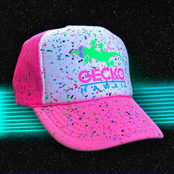 gecko hawaii Glow-In-The-Dark Splatter Neon Pink Trucker Hat (LIMITED)