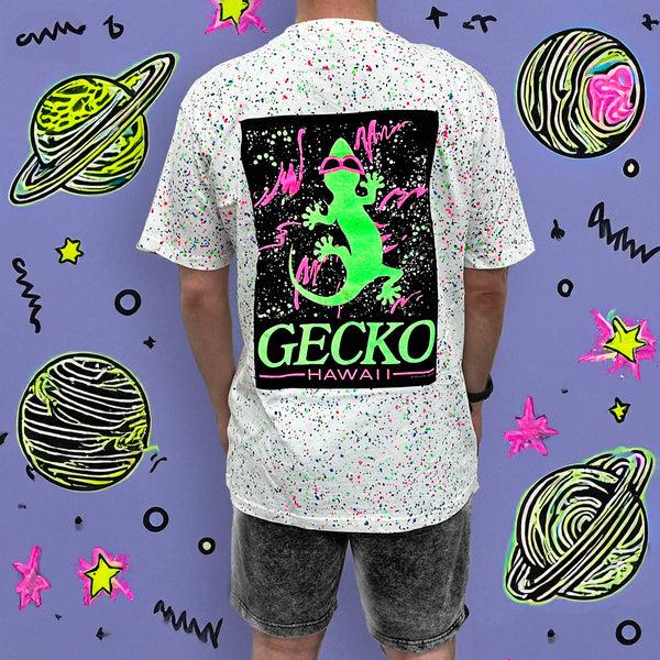 Gecko Hawaii Limited Edition Space Gecko Glow In The Dark Splatter White Tee