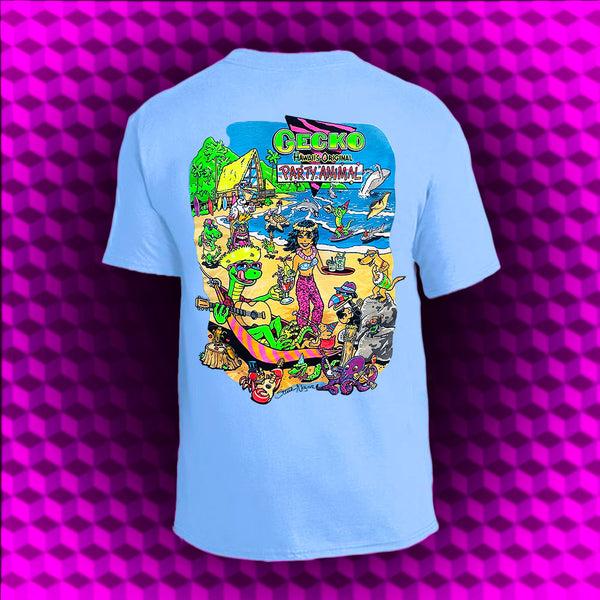 gecko hawaii Original Party Animal: 1980's Soft Blue Tee