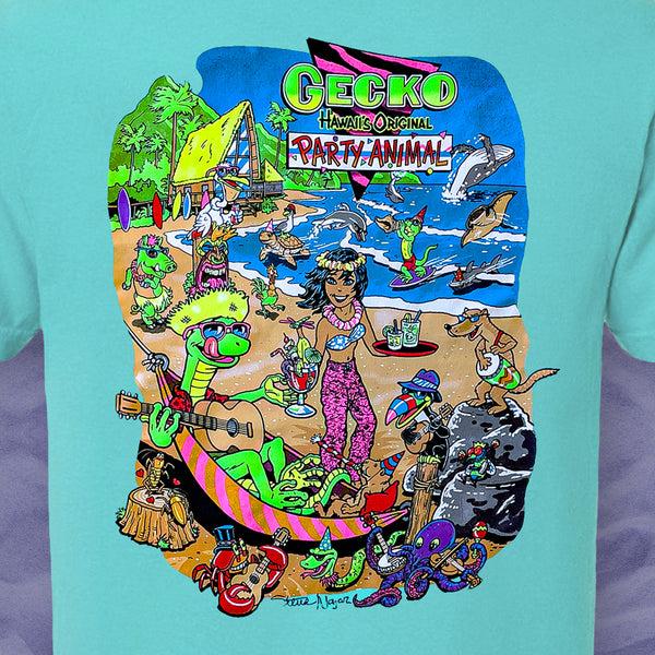 Gecko Hawaii Original Party Animal - 1980's Surfside Cyan Pigment Dyed Tee