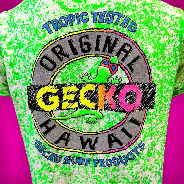 Gecko Hawaii Tropic Tested - 1980's Sponge Paint Neon Green Glow Tee (Limited Edition)
