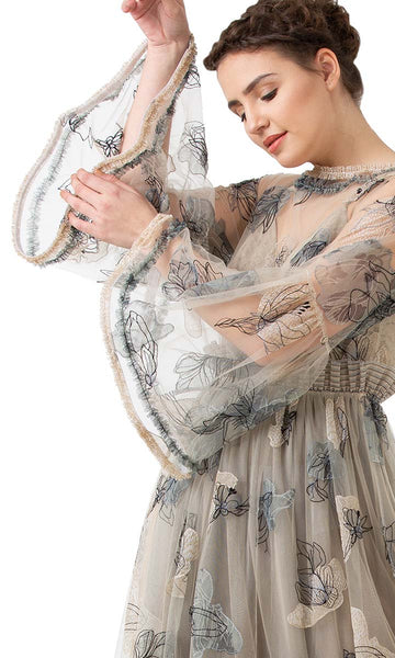 Geisha Designs Beige Embroidered Sheer Dress