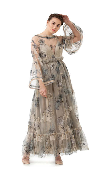 geisha designs Beige Embroidered Sheer Dress