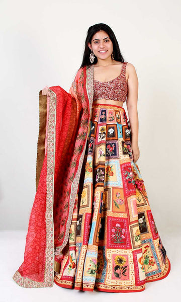 Geisha Designs Deep Maroon Floral Frame Lehenga