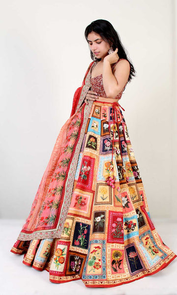 Geisha Designs Deep Maroon Floral Frame Lehenga