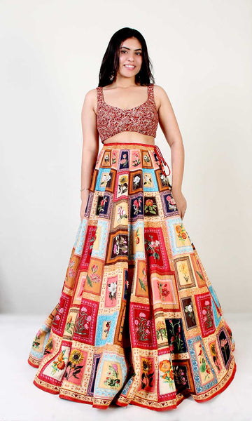 Geisha Designs Deep Maroon Floral Frame Lehenga