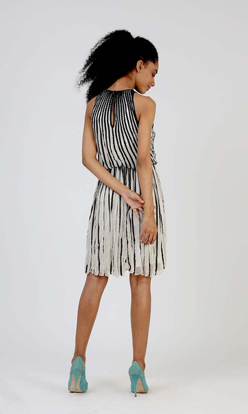 Geisha Designs Embroidered Stripes B&W Dress