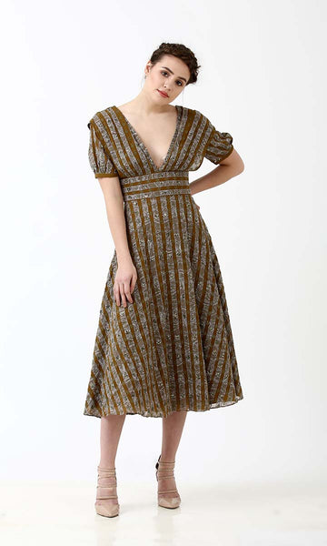 geisha designs Floral Stripes Midi Dress