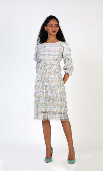 geisha designs Pleated Grid Ruffle Dress