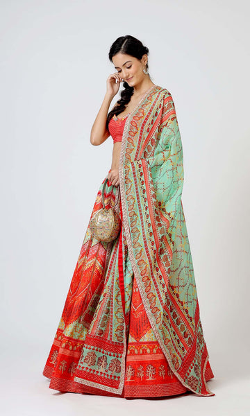 Geisha Designs Scarlet Bead Embroidered Lehenga Set