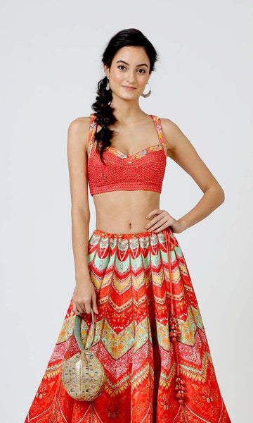 Geisha Designs Scarlet Bead Embroidered Lehenga Set