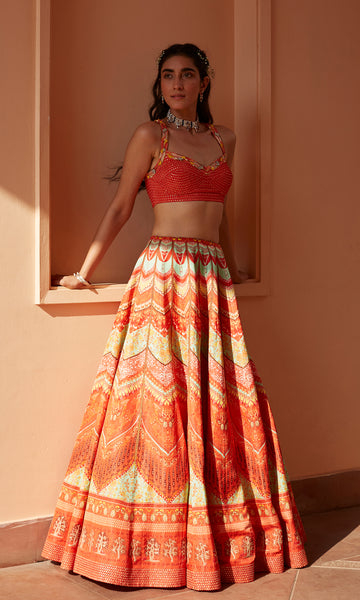 geisha designs Scarlet Bead Embroidered Lehenga Set