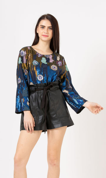 Geisha Designs Sequins Embroidered Floral Denim Top