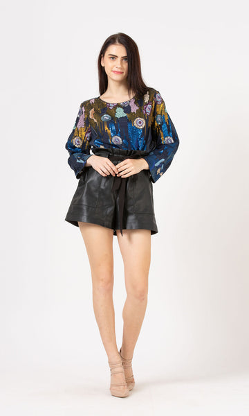 geisha designs Sequins Embroidered Floral Denim Top