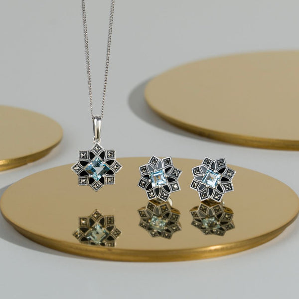 Gemondo Art Deco Inspired Blue Topaz & Marcasite Star Stud Earrings