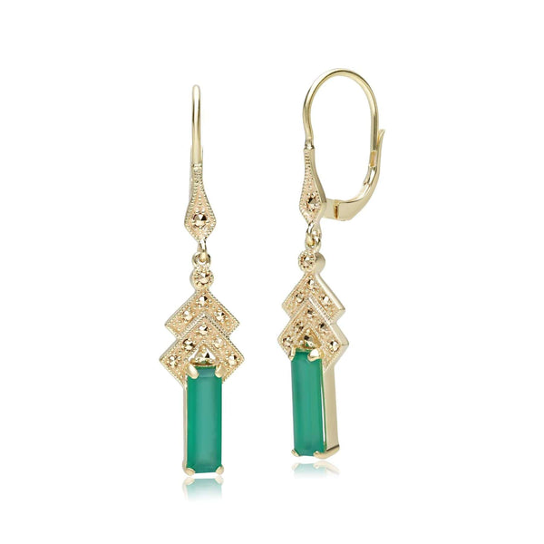 gemondo Art Deco Inspired Green Chalcedony & Marcasite Drop Earrings in 18ct Gold Plated Silver