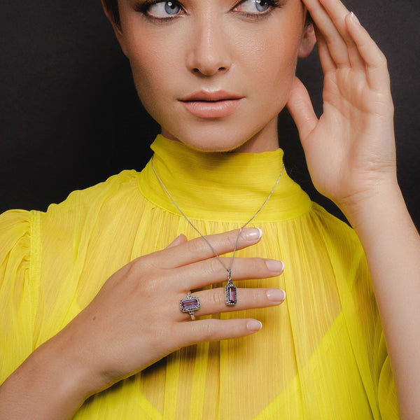 Gemondo Art Deco Inspired Octagon Cut Amethyst & Marcasite Pendant Necklace In Sterling Silver