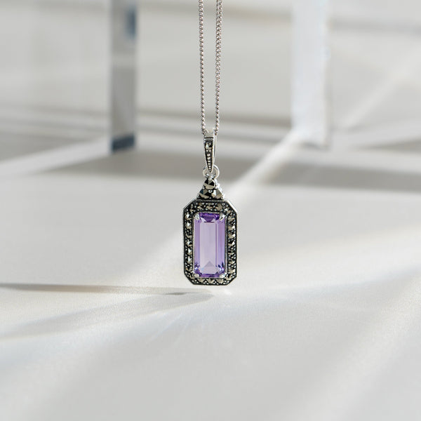 Gemondo Art Deco Inspired Octagon Cut Amethyst & Marcasite Pendant Necklace In Sterling Silver