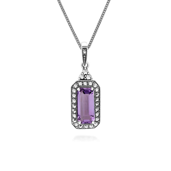 gemondo Art Deco Inspired Octagon Cut Amethyst & Marcasite Pendant Necklace in Sterling Silver