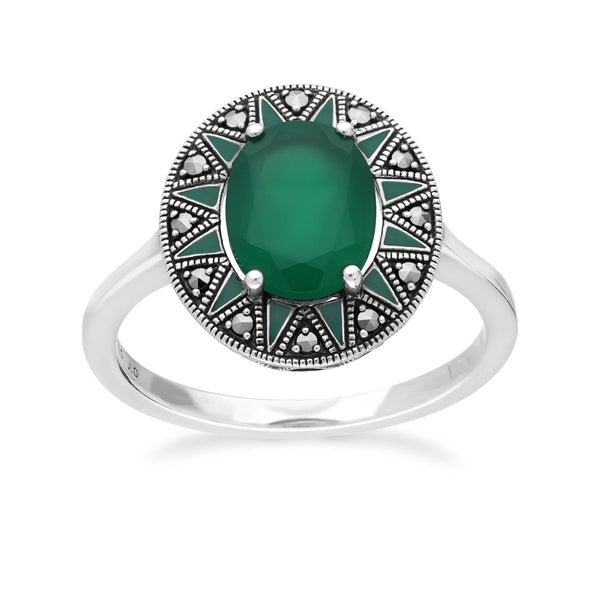 Gemondo Art Deco Inspired Oval Chalcedony & Marcasite Ring