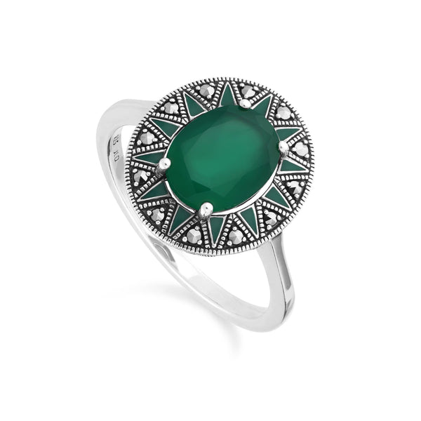 gemondo Art Deco Inspired Oval Chalcedony & Marcasite Ring