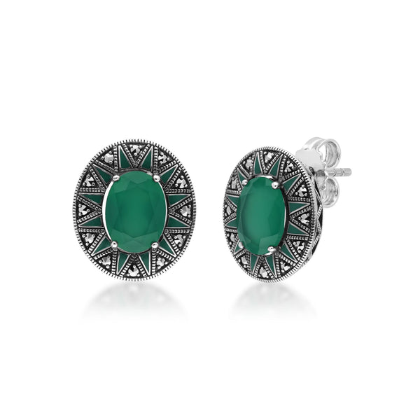 gemondo Art Deco Inspired Oval Chalcedony & Marcasite Stud Earrings