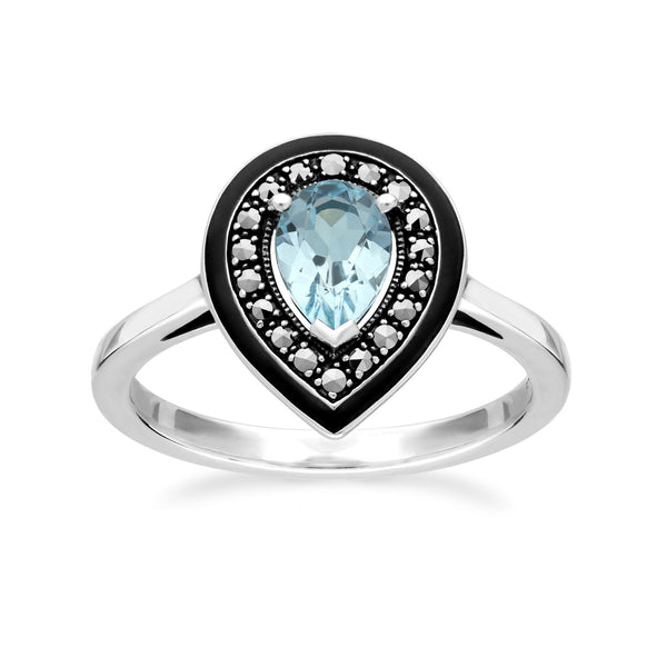 Gemondo Art Deco Inspired Pear Cut Blue Topaz & Marcasite Ring