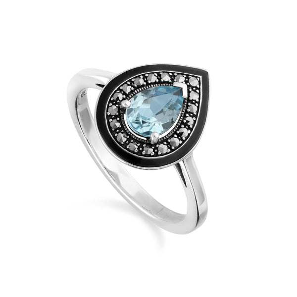 gemondo Art Deco Inspired Pear Cut Blue Topaz & Marcasite Ring