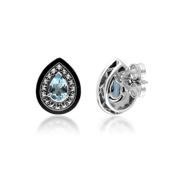 Gemondo Art Deco Inspired Pear Cut Blue Topaz & Marcasite Stud Earrings