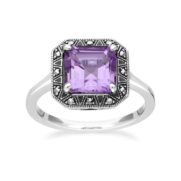 Gemondo Art Deco Inspired Square Cut Amethyst & Marcasite Ring
