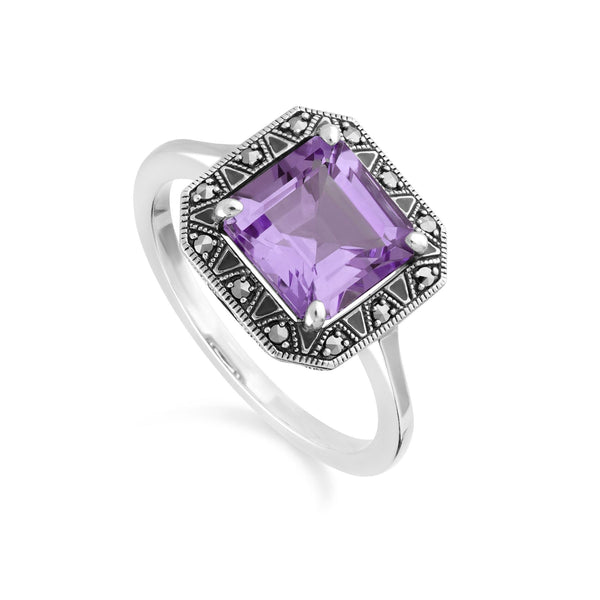 gemondo Art Deco Inspired Square Cut Amethyst & Marcasite Ring